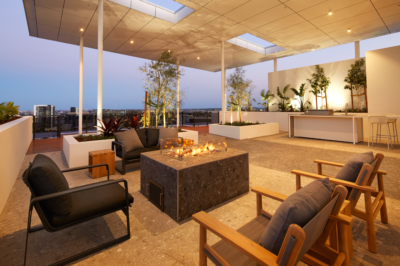 Omega Apartments rooftop entertaining & gas fire pit